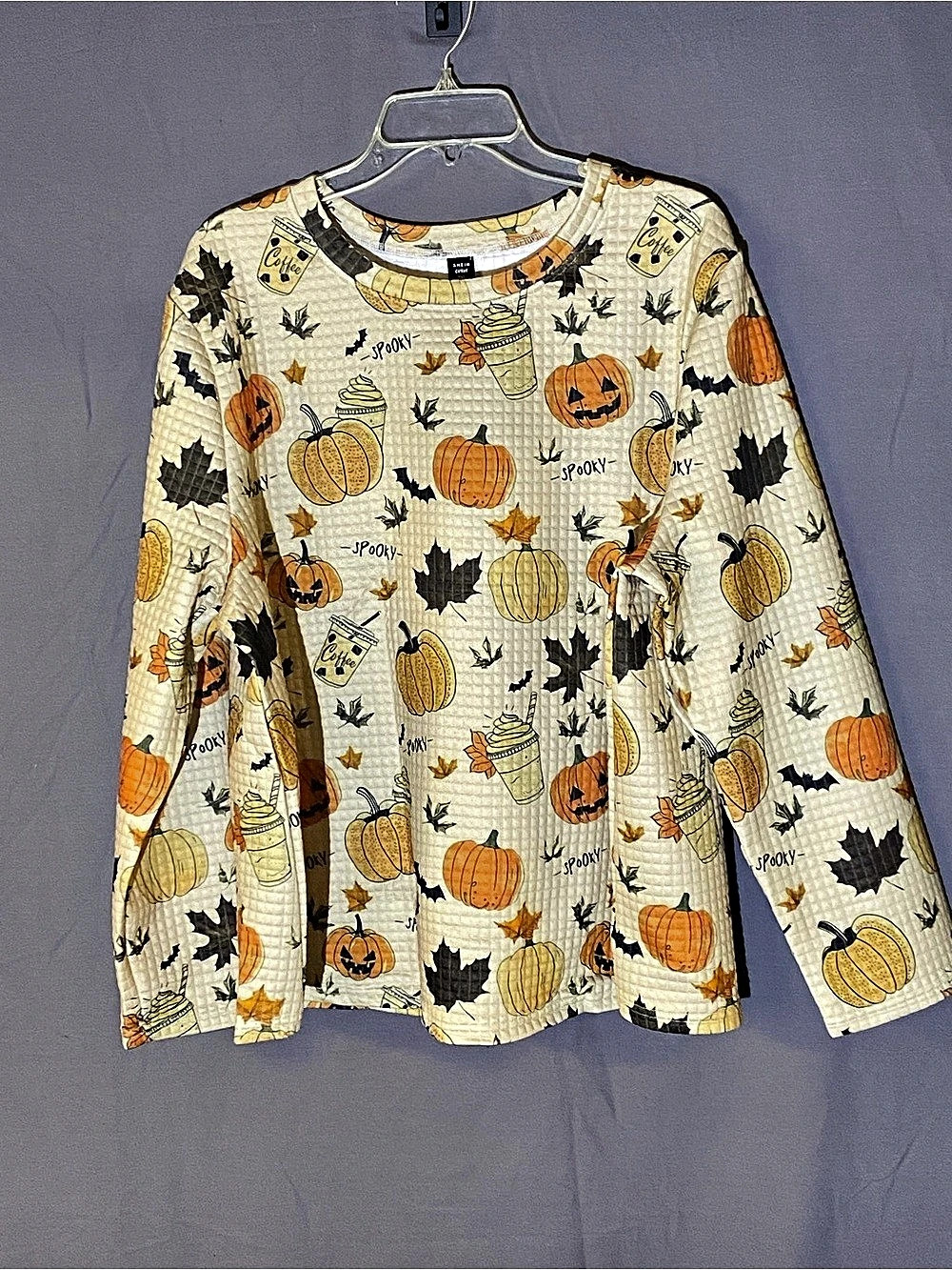 SHEIN Pumpkin Print Long Sleeve Waffle Top Cream 3XL Brand new